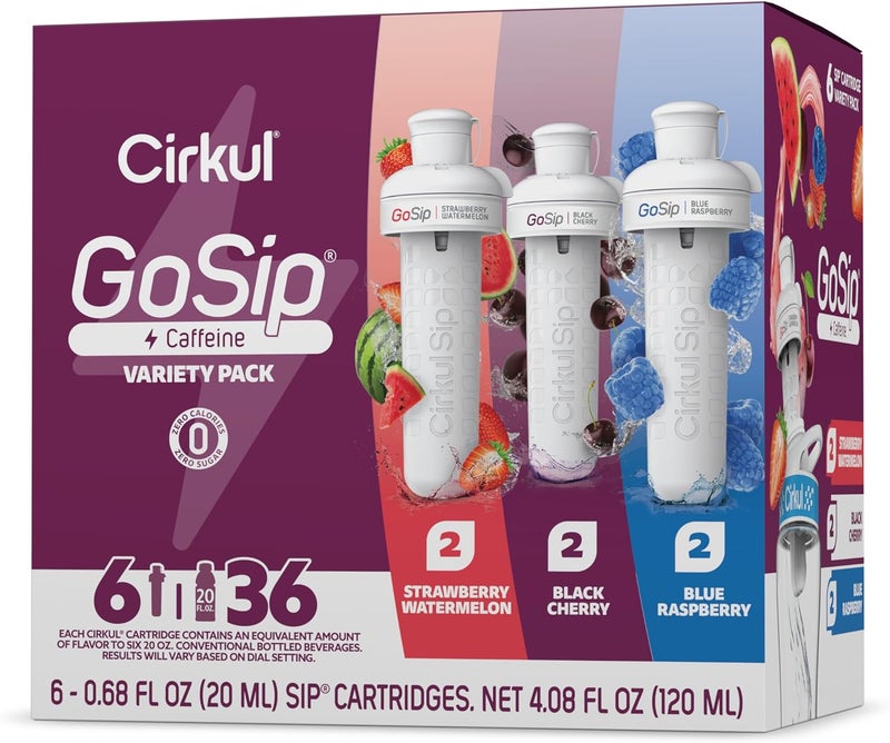 Cirkul باقة نكهات الماء المنكه بالكافيين من سيركول جوسيب - 6 خراطيش بنكهة التوت الأزرق، الكرز الأسود، والبطيخ بالفراولة - Image 1