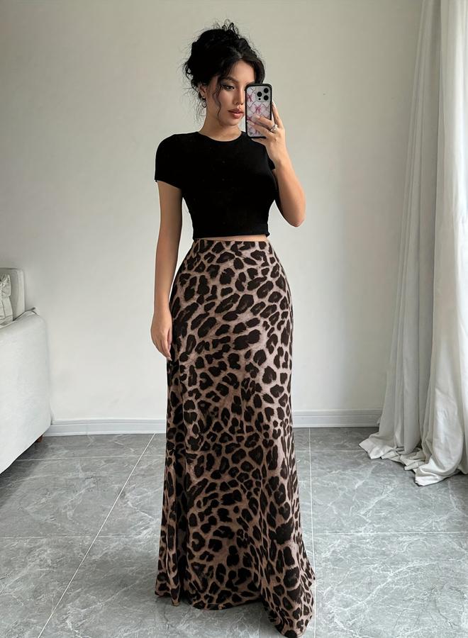 Take Two Brown Leopard Print A-Line Maxi Skirt - Image 1
