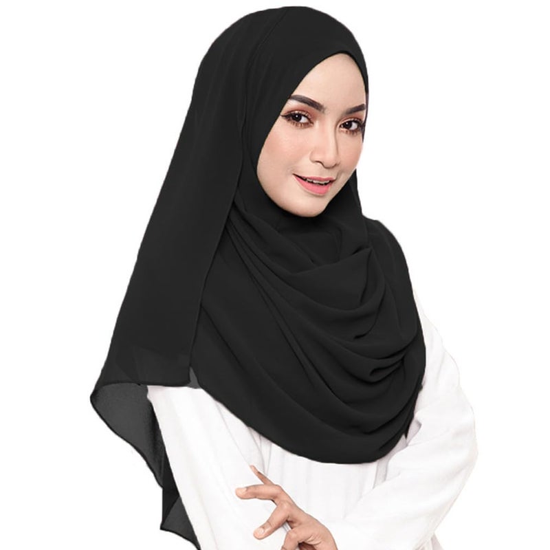 LMVERNA Chiffon Scarf Plain Thick Luxurious Soft Chiffon Hijab Long Shawl Wrap Scarf (Black) - Image 1
