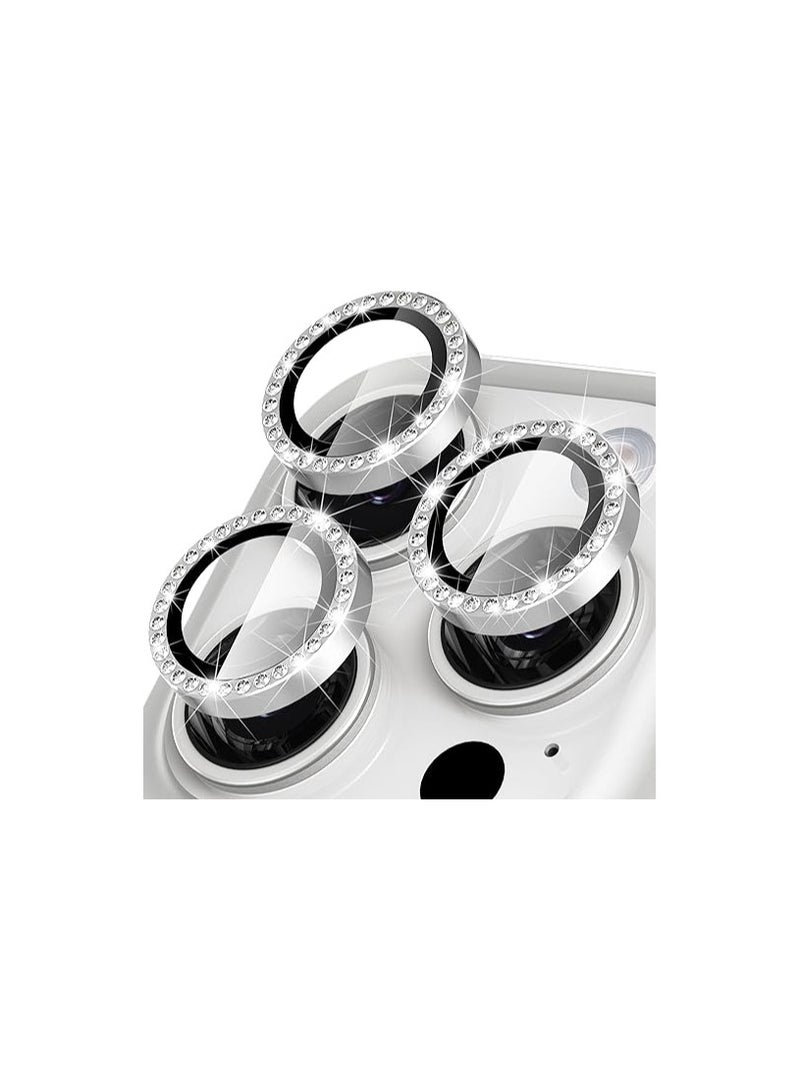 Diamond Camera Lens Protector for iPhone 15 Pro 6.1-Inch and iPhone 15 Pro Max 6.7-Inch, 9H Tempered Glass Metal Individual Ring Cover, HD Silver - Image 1