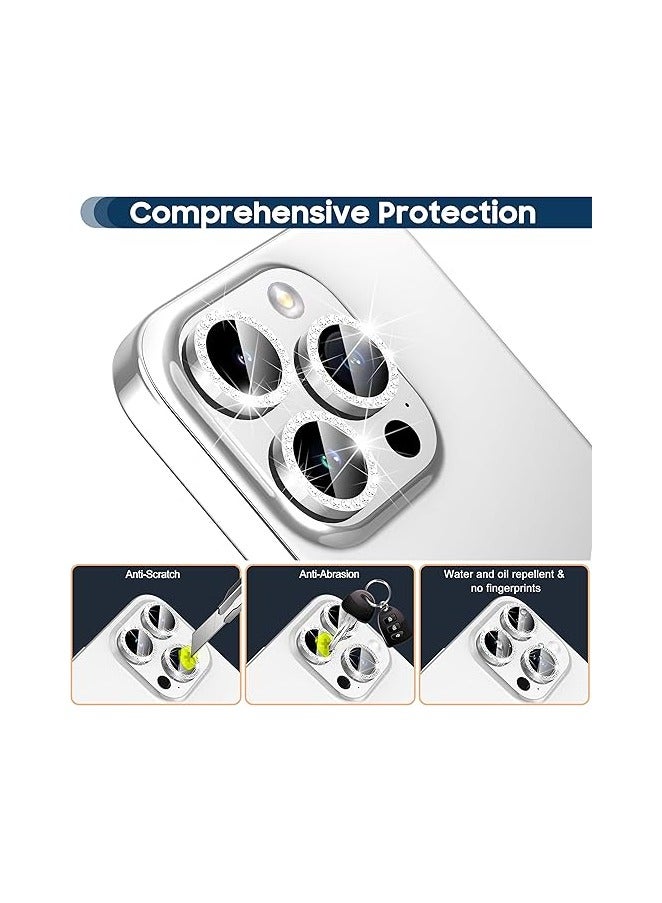 Diamond Camera Lens Protector for iPhone 15 Pro 6.1-Inch and iPhone 15 Pro Max 6.7-Inch, 9H Tempered Glass Metal Individual Ring Cover, HD Silver - Image 2