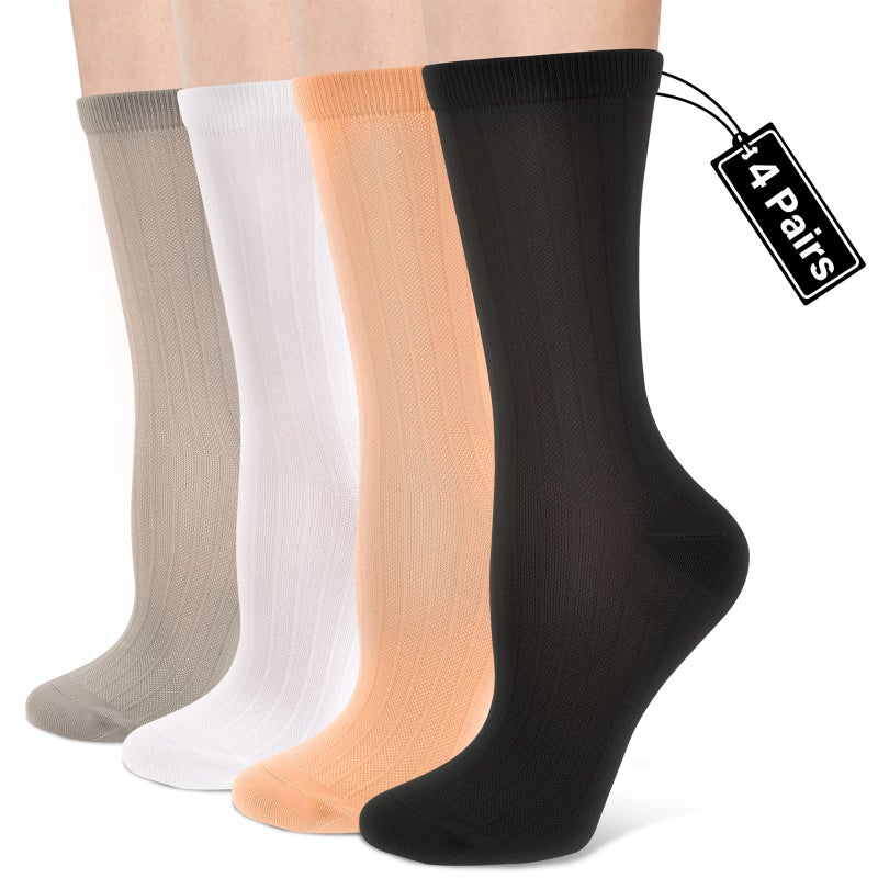 CTHH Compression Crew Socks for Women Thin Lightweight (15-20 mmHg) for Athletic Nurses Circulation Arch Support Socks for Pregnancy Runners Petite Stockings Above Ankle Mid Calf Length, 4 Pairs - Image 1