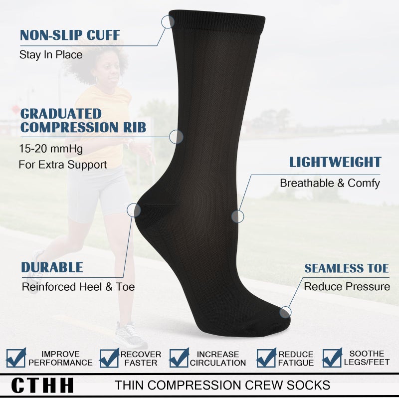 CTHH Compression Crew Socks for Women Thin Lightweight (15-20 mmHg) for Athletic Nurses Circulation Arch Support Socks for Pregnancy Runners Petite Stockings Above Ankle Mid Calf Length, 4 Pairs - Image 5