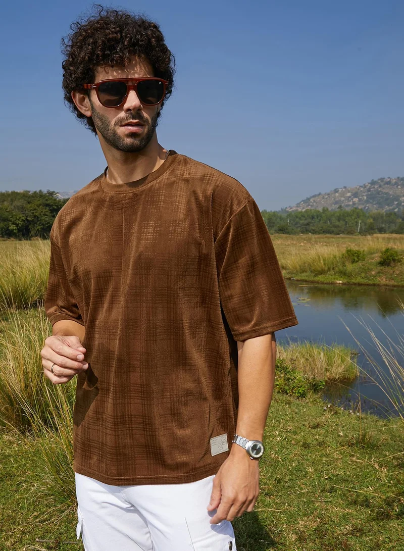 Campus Sutra Men's Chocolate Brown Tartan-Plaid Oversized T-Shirt
