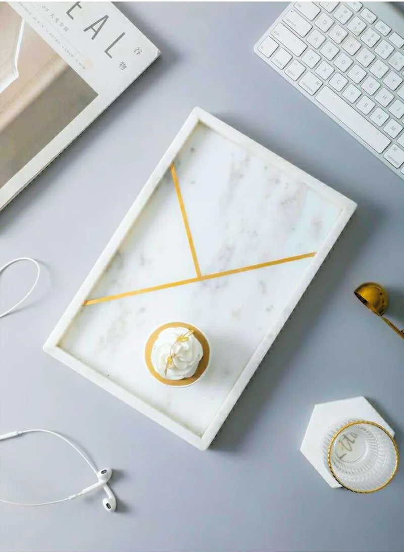 1Chase 1CHASE Rectangular Marble Stone Tray with gold pattern, Decorative Tray for Counter, Cosmetics Jewellery Tray, Kitchen Organizer, Coffee Table Tray,Dresser organizer, Trinket Tray (White)