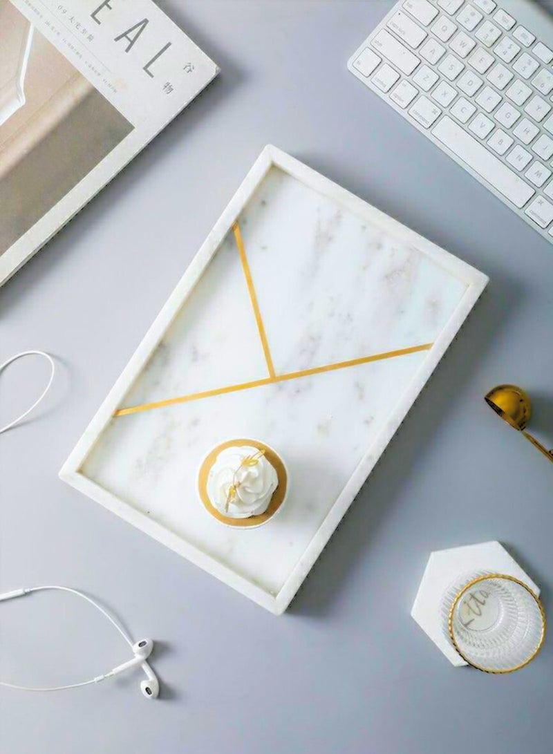 1Chase 1CHASE Rectangular Marble Stone Tray with gold pattern, Decorative Tray for Counter, Cosmetics Jewellery Tray, Kitchen Organizer, Coffee Table Tray,Dresser organizer, Trinket Tray (White) - Image 1