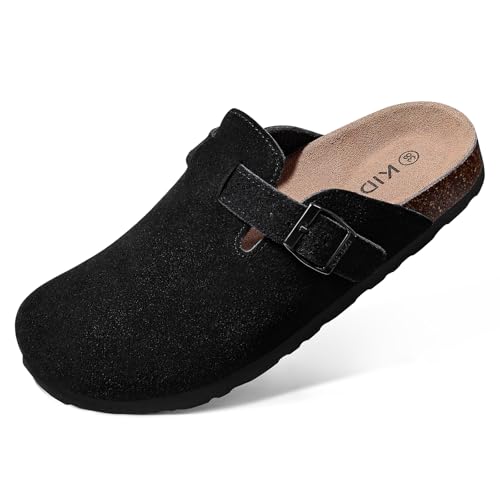 KIDMI Genuine Suede Clogs for Women Cork Footbed Sandals Leather Mules Potato Shoes with Arch Support Black 41 (Size 9-9.5) - Image 1