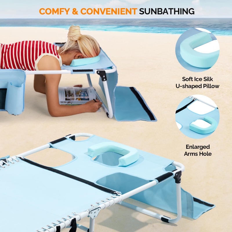 VINGLI Oversized Tanning Chair with Face Hole & Carrying Bag, Beach Lounge Chair Outdoor for Adults, Folding Lounge Chair for Sun Tanning, Laying Out Chairs for Tanning Lounger Outside, 475lbs, Blue - Image 4