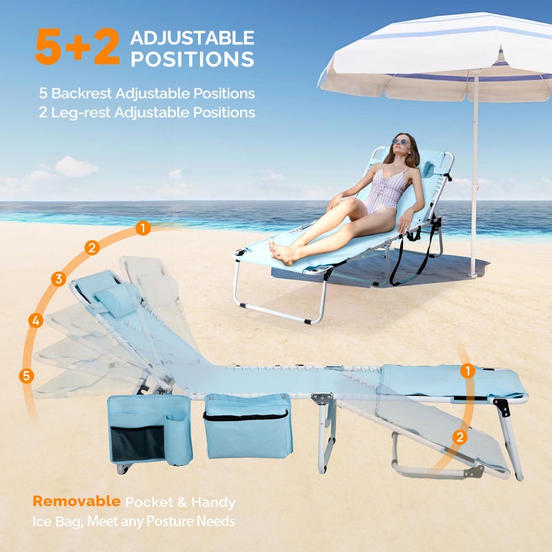 VINGLI Oversized Tanning Chair with Face Hole & Carrying Bag, Beach Lounge Chair Outdoor for Adults, Folding Lounge Chair for Sun Tanning, Laying Out Chairs for Tanning Lounger Outside, 475lbs, Blue - Image 5