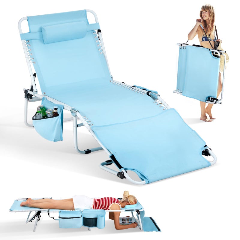 VINGLI Oversized Tanning Chair with Face Hole & Carrying Bag, Beach Lounge Chair Outdoor for Adults, Folding Lounge Chair for Sun Tanning, Laying Out Chairs for Tanning Lounger Outside, 475lbs, Blue - Image 1