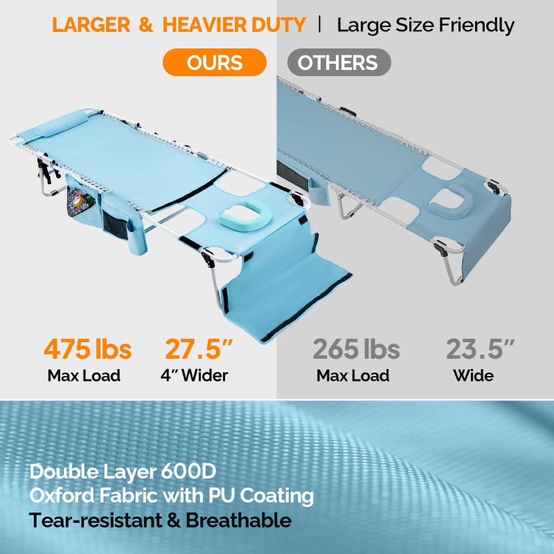 VINGLI Oversized Tanning Chair with Face Hole & Carrying Bag, Beach Lounge Chair Outdoor for Adults, Folding Lounge Chair for Sun Tanning, Laying Out Chairs for Tanning Lounger Outside, 475lbs, Blue - Image 3