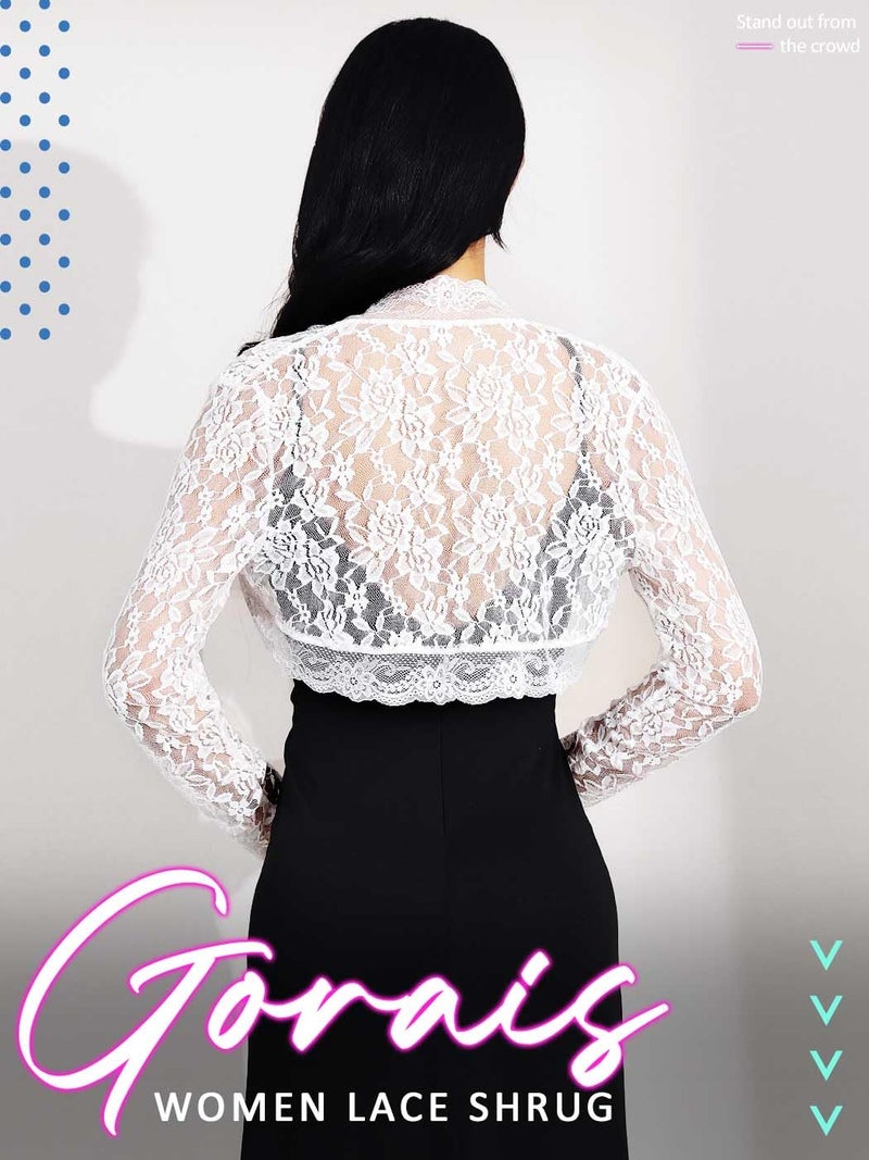 GORAIS Lace Shrug Womens Bolero Jackets for Evening Dresses Long Sleeve Wedding Shrugs for Bride and Bridesmaids White - Image 2