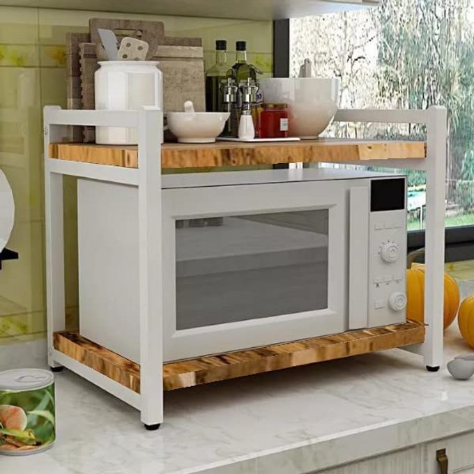 RETRACTABLE MICROWAVE STAND COUNTERTOP EXTENDABLE MICROWAVE OVEN RACK MILD STEEL AND SOLID ACACIA WOOD MICROWAVE SHELF COUNTERTOP CONTAINS 2TIER WHITE