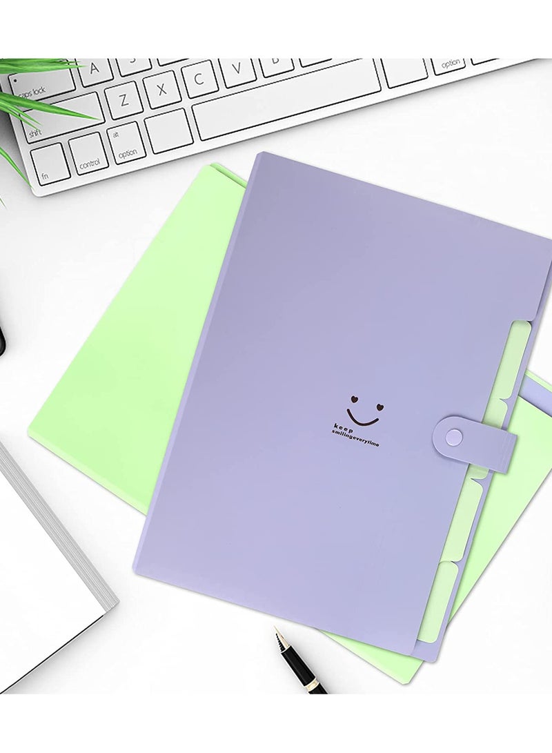 KASTWAVE Expanding File Folders, 2 Pack Plastic Letter A4 Paper Paper Organizer Folder with Labels with Snap Closure, Cute Folders with 5 Pockets for School Home Work Office (Green & Purple) - Image 2