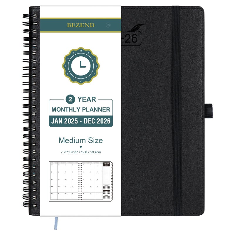 BEZEND 2 Year Monthly Planner 2025-2026, Medium size 7" x 9" - 120 GSM Thick Paper - Planner with Spiral Bound, Calendar with Monthly Tabs, Inner Pockets, Leather Soft Cover - Black - Image 1