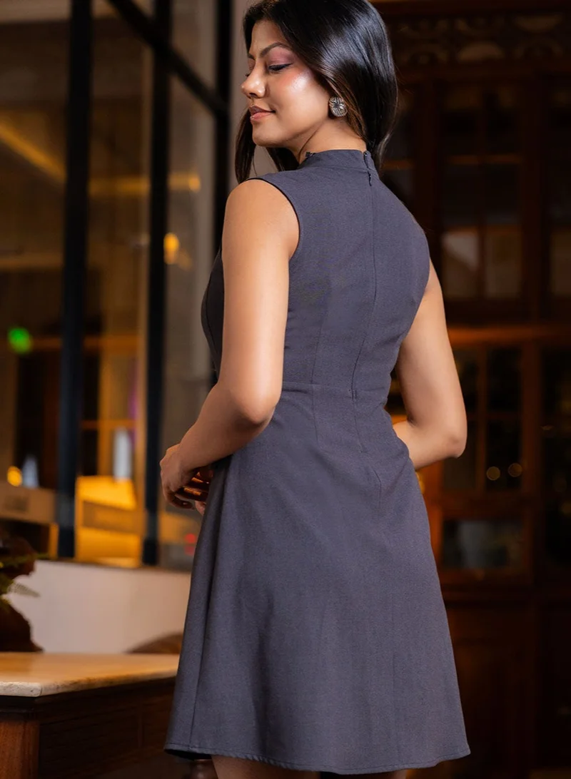 Zigzag  Front Paneled Mini Dress With Flaps -Black for Women | Best Price UAE