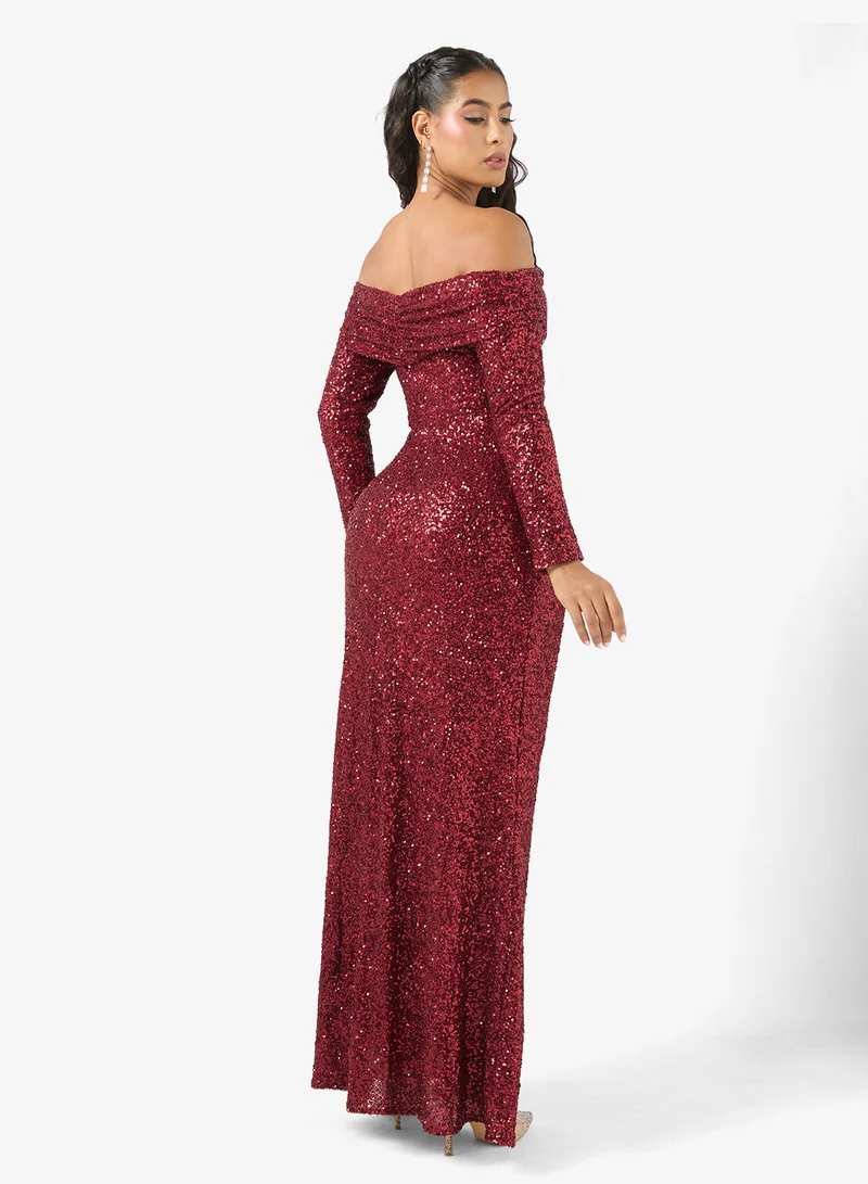 Maya Sequin Detail Off Shoulder Long Sleeve Maxi Dress