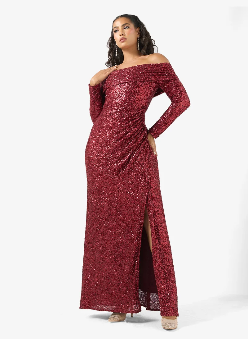 Maya Sequin Detail Off Shoulder Long Sleeve Maxi Dress