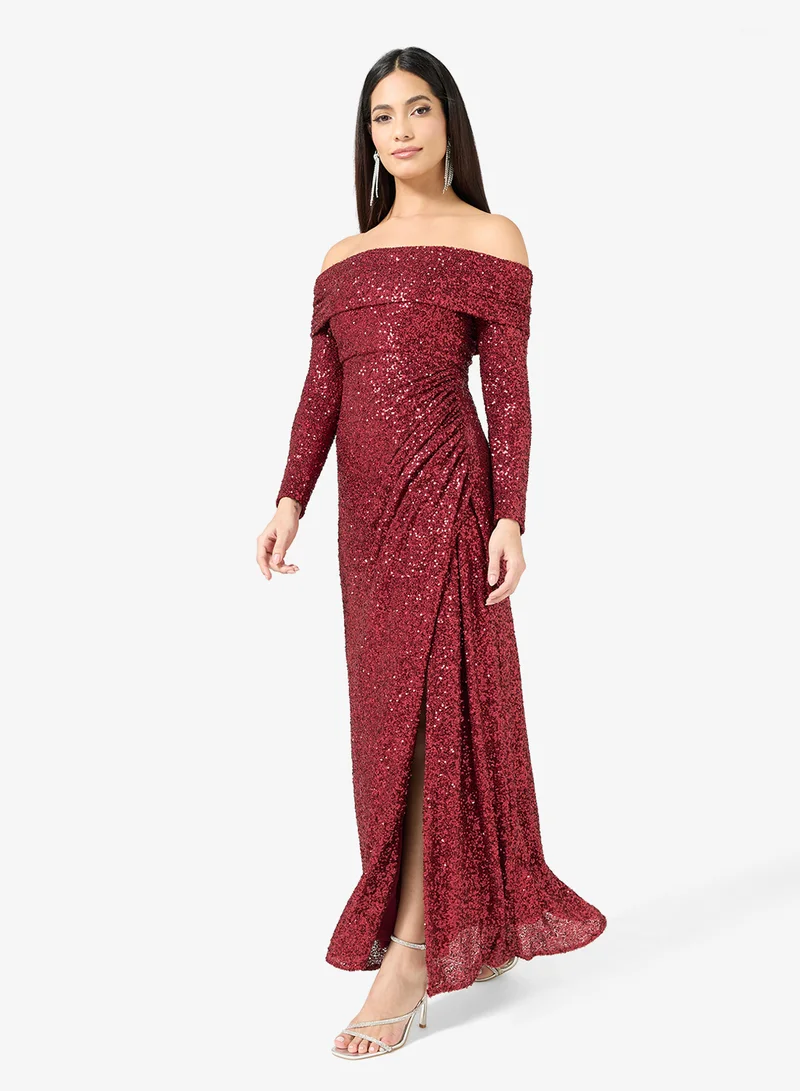 Maya Sequin Detail Off Shoulder Long Sleeve Maxi Dress