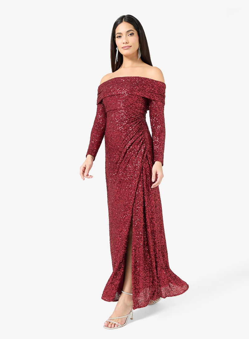 Maya Sequin Detail Off Shoulder Long Sleeve Maxi Dress - Image 1