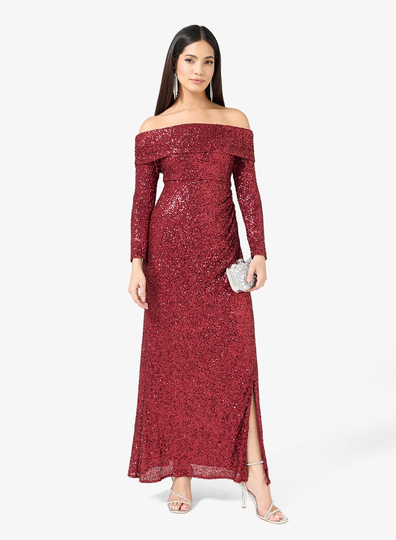 Maya Sequin Detail Off Shoulder Long Sleeve Maxi Dress - Image 4