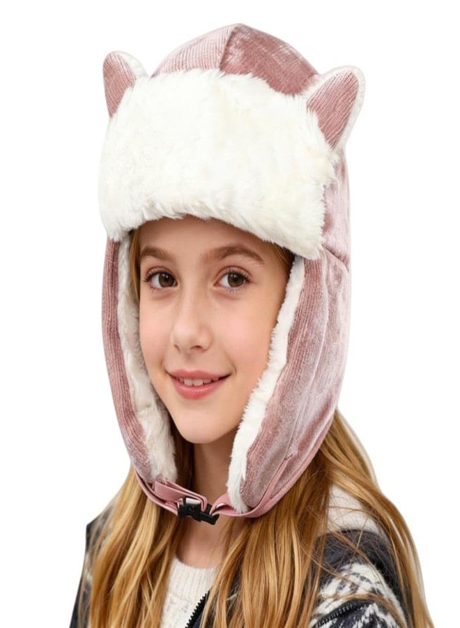 IBLUELOVER Girl Kids Trapper Hat Winter Earflap Hat Fleece Ushanka Caps with Cat Ears Cute Fur Cap for 8-14 Ski Cap Pink - Image 1