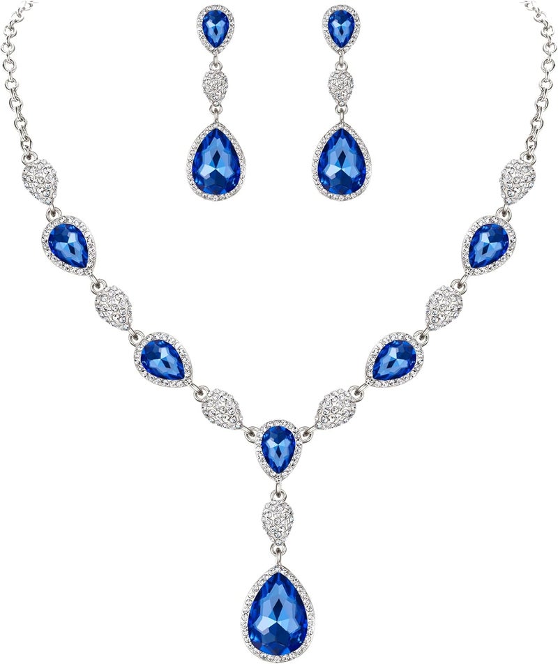 EleQueen Women's Cubic Zirconia Teardrop Y-Necklaces Dangle Earrings Jewelry Sets for Brides Bridesmaids - Image 1