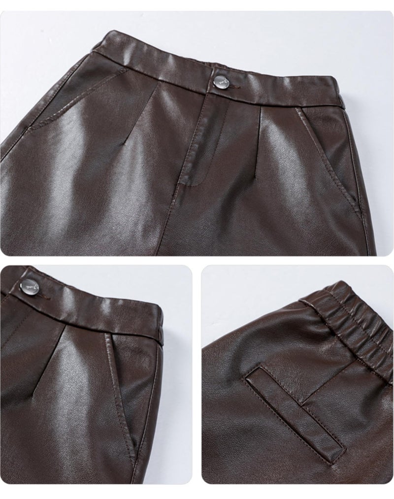 HaoMay Women's Faux Leather Pants Straight Wide Leg PU Trousers with Pockets(Coffee-M) - Image 5