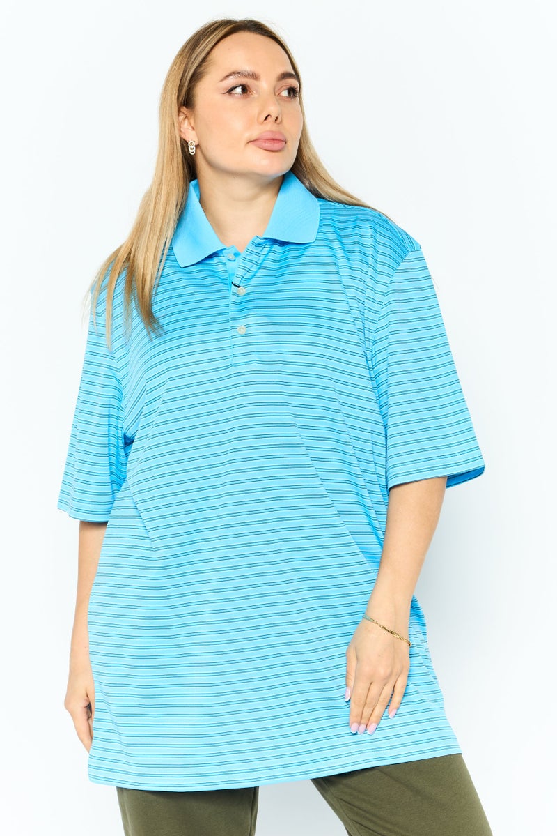 Greg Norman Women Sportswear Fit Stripe Short Sleeves Outdoor Polo, Blue - Image 1