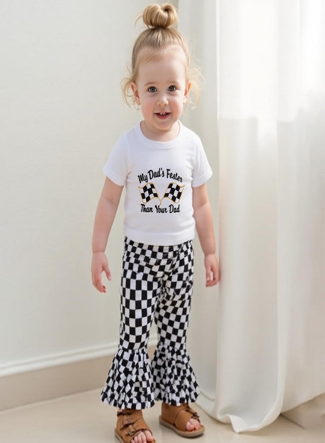 DNOMAID YZARC Toddler Baby Girl Summer Outfit Race Car Letter Print Short Sleeve T-Shirt Checkered Bell Bottom Pants 2Pcs Set (White, 3-4T) - Image 2