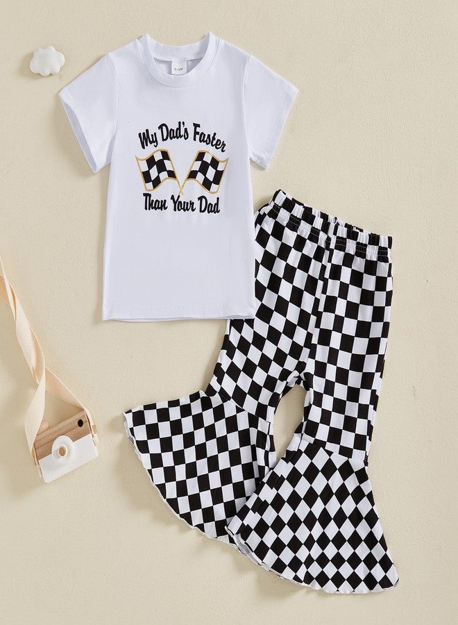 DNOMAID YZARC Toddler Baby Girl Summer Outfit Race Car Letter Print Short Sleeve T-Shirt Checkered Bell Bottom Pants 2Pcs Set (White, 3-4T) - Image 3