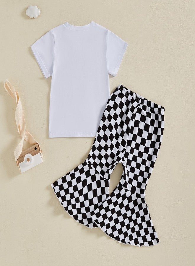 DNOMAID YZARC Toddler Baby Girl Summer Outfit Race Car Letter Print Short Sleeve T-Shirt Checkered Bell Bottom Pants 2Pcs Set (White, 3-4T) - Image 4