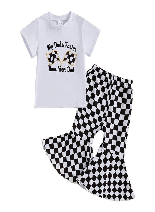 DNOMAID YZARC Toddler Baby Girl Summer Outfit Race Car Letter Print Short Sleeve T-Shirt Checkered Bell Bottom Pants 2Pcs Set (White, 3-4T) - Image 1