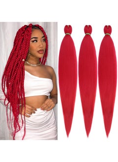 Leeven 26 Inch Red Pre Stretched Braiding Hair 3 Pack Braiding Hair Blue Braiding Hair Extensions For Braiding Crochet Hair (Red)  - Image 1