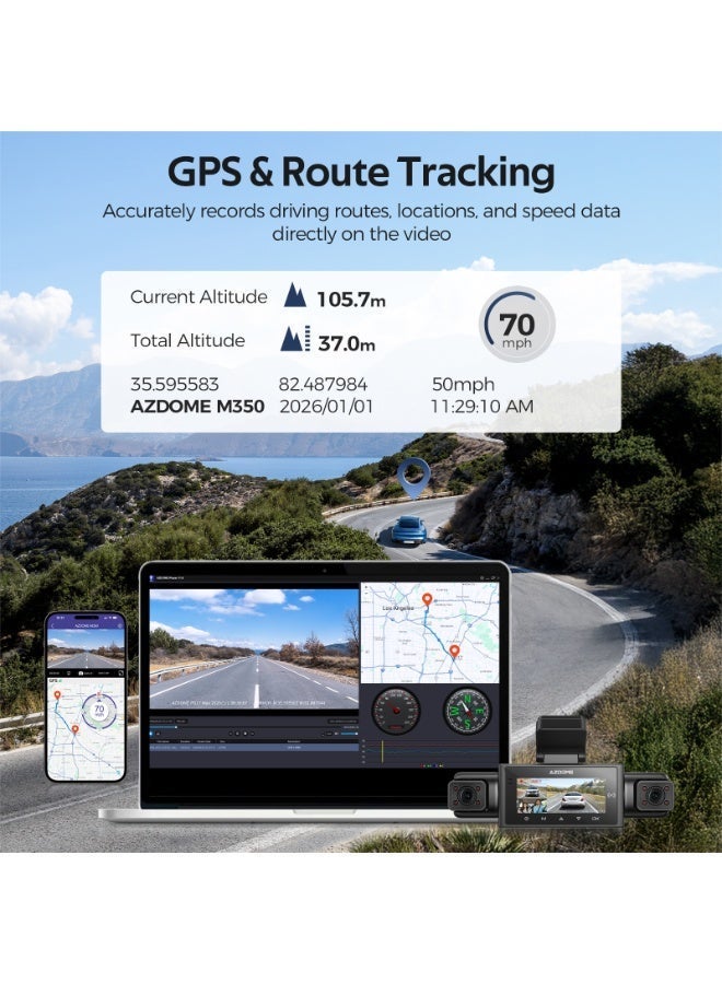 أزدوم كاميرا مراقبة للسيارة M350 (محدثة من M660) بـ 4 كاميرات، أمامية بدقة 2K وخلفية بدقة 1K وداخلية بدقة 1K+1K، مع خاصية اكتشاف الموقع عبر آبل، مكثف فائق السرعة، مستشعر صور متقدم، نظام تحديد المواقع العالمي (GPS)، واي فاي 5G، والتحكم الصوتي - Image 5
