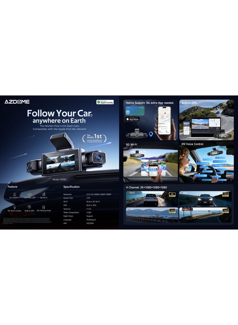 أزدوم كاميرا مراقبة للسيارة M350 (محدثة من M660) بـ 4 كاميرات، أمامية بدقة 2K وخلفية بدقة 1K وداخلية بدقة 1K+1K، مع خاصية اكتشاف الموقع عبر آبل، مكثف فائق السرعة، مستشعر صور متقدم، نظام تحديد المواقع العالمي (GPS)، واي فاي 5G، والتحكم الصوتي - Image 3