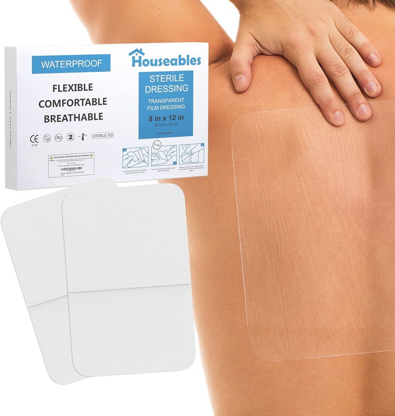 Houseables Waterproof Bandages Transparent Film Dressing Waterproof Bandages Post Surgical Wound Covers for Showering Swimming Tattoo Cover After Surgery Protector Clear Large 8x12 10 Pack - Image 1