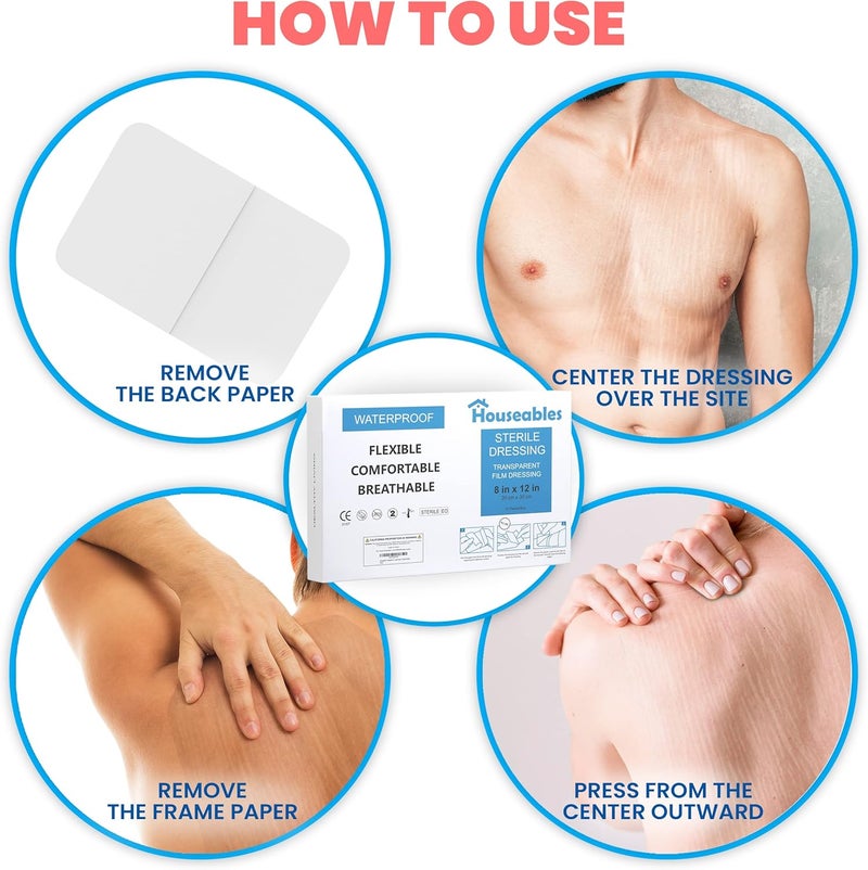 Houseables Waterproof Bandages Transparent Film Dressing Waterproof Bandages Post Surgical Wound Covers for Showering Swimming Tattoo Cover After Surgery Protector Clear Large 8x12 10 Pack - Image 5