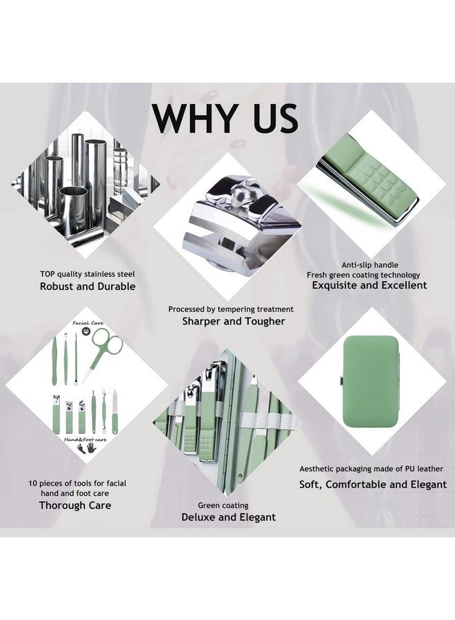 HANTEKAS Manicure Set 10 In 1 Stainless Steel Nail Clippers Scissors Pedicure Tools Kit Portable Travel Grooming Kit For Men And Women With Leather Case (Jade Green) - Image 3