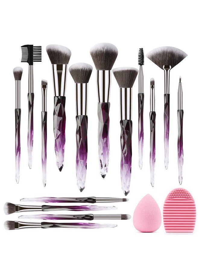 Kingtree 15Pcs Makeup Brushes Professional Purple Crystal Makeup Brush Setpremium Synthetic Bristles Foundation Face Powder Blush Eye Shadow Makeup Brush Kit With Blender Sponge & Brush Cleaner - Image 1
