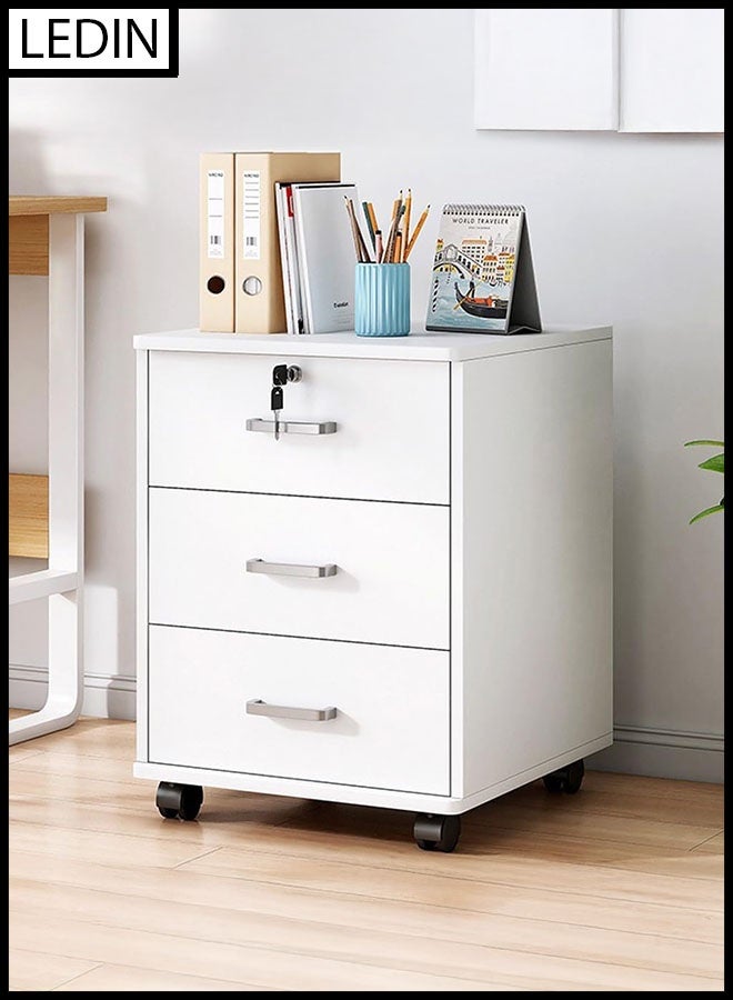 ليدين خزانة ملفات مع خزانة مكتب قابلة للقفل بثلاثة أدراج مع عجلات من الخشب الصناعي الأبيض (3 أدراج) - Image 1