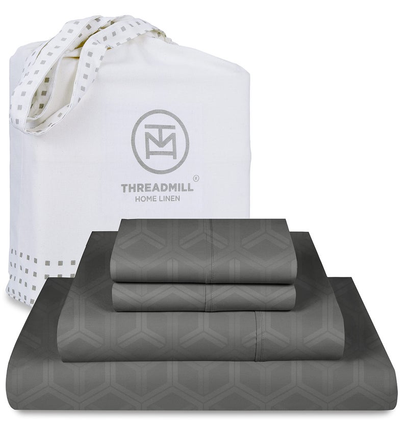 Threadmill 100 Cotton Sheets for Queen Size Bed  600 Thread Count Queen Bed Sheets Set with 16 Deep Pocket  Jacquard Sateen Weave 4Piece Bedding Set with Cooling Effect Dark Grey