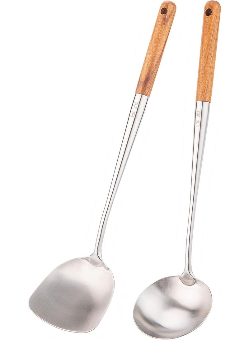 kunshao 17 Inches Wok Spatula and Ladle Tool Set, 2-Piece Stainless Steel & Wood Wok Utensil Set, Ramadn Eid Cooking Gift - Image 1