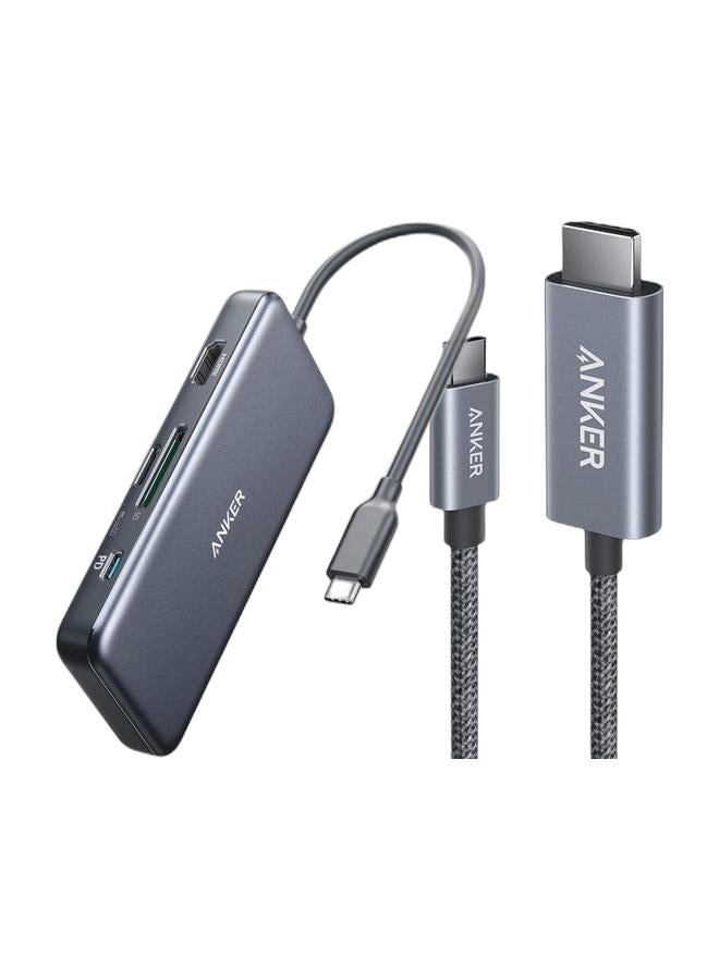 Anker USB C Hub, 341 USB-C Hub (7-in-1) with 4K HDMI, 100W Power Delivery, USB-C and 2 USB-A 5 Gbps Data Ports, microSD and SD Card Reader, for MacBook Air, MacBook Pro, XPS, and More & HDMI Cable, 4K@60Hz Ultra-Fast Nylon-Braided USBC to HDMI Cord with Advanced Shielding, Thunderbolt 5/4/3, For MacBook, iPad, iPhone, HDTV, and More (3 FT) Bundle - Image 1