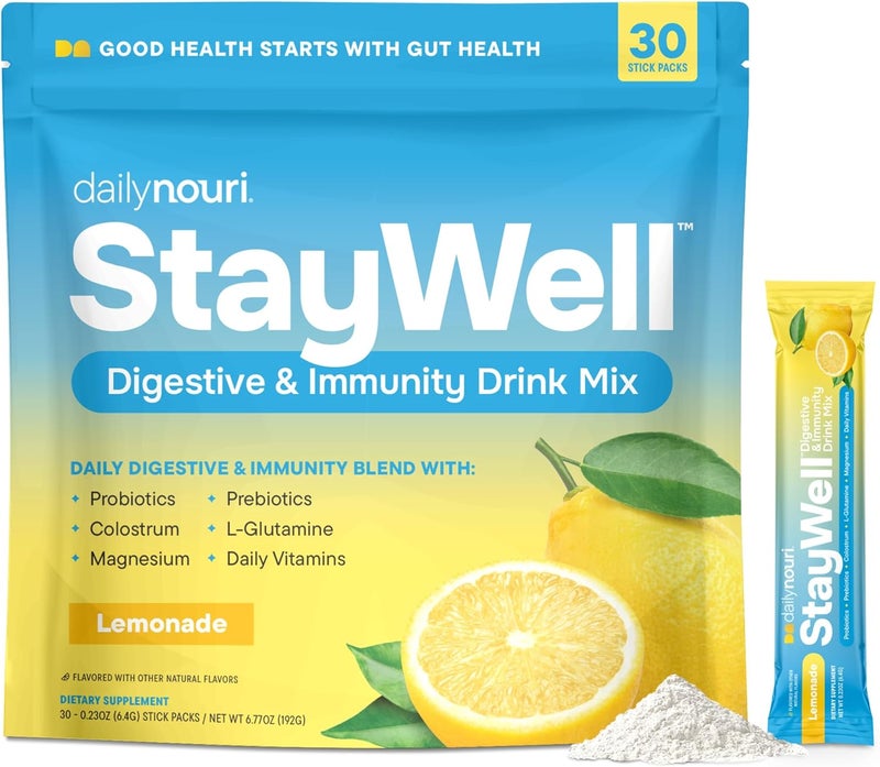 NOURI Daily Nouri StayWell Digestive  Immunity Drink Mix  Probiotics Prebiotics Colostrum LGlutamine Magnesium Manganese Zinc Vitamins for Gut Health Digestion  Immune Support  30 Stick Packs - Image 1