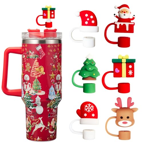 6PCS Christmas Straw Cover Cap for Stanley Cup Silicone Straw Topper for Stanley 3040 Oz Tumbler with Handle 10mm Drinking Straw Tip Covers for Christmas Gifts Color 3