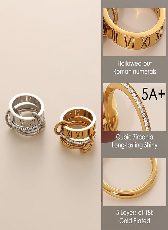 JINHUI 18k Gold Plated Rings Interlocked Stackable Rings for Women,Non Tarnish Statement Ring Set With Dainty Cubic Zirconia Stainless Steel Multi Ring Stack Charms Ring Fashion Jewelry for Women (Roman, Gold, 6) - Image 4