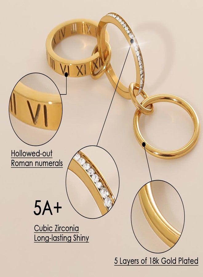 JINHUI 18k Gold Plated Rings Interlocked Stackable Rings for Women,Non Tarnish Statement Ring Set With Dainty Cubic Zirconia Stainless Steel Multi Ring Stack Charms Ring Fashion Jewelry for Women (Roman, Gold, 6) - Image 5