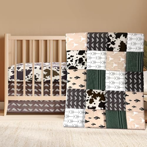 Hahafelt 3 Piece Patchwork Western Crib Bedding Set for Boys Girls Cow Cactus Print Baby Bedding Barnyard Western Nursery Decor Soft Baby Bed Set Includes Quilt Fitted Crib Sheet Bed SkirtCowboys - Image 1