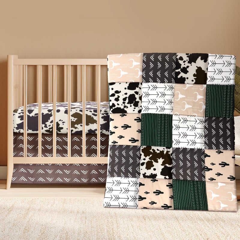 Hahafelt 3 Piece Patchwork Western Crib Bedding Set for Boys Girls Cow Cactus Print Baby Bedding Barnyard Western Nursery Decor Soft Baby Bed Set Includes Quilt Fitted Crib Sheet Bed SkirtCowboys - Image 2